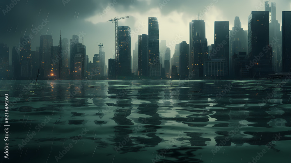 Fototapeta premium A coastal city engulfed by rising sea levels, with submerged buildings