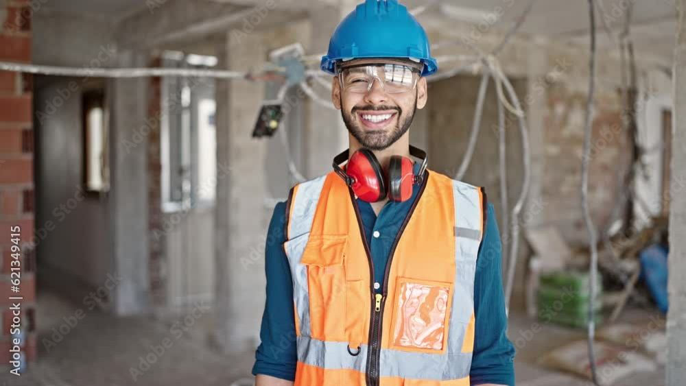 Young hispanic man builder smiling confident wearing hardhat at construction site Young hispanic man builder smiling confident wearing hardhat at construction site