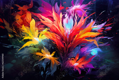 vibrant explosion of abstract flowers and foliage on a black background, bursting with life and color, capturing the essence of a flourishing garden