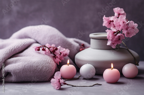 Pink spa set with candles and sakura flowers. Generative ai
