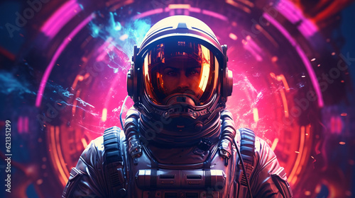 Psychedelic Retro Wave Astronaut in Neon Light. Pink Blue Violet Trendy Colors. Front View of a Space Suit.