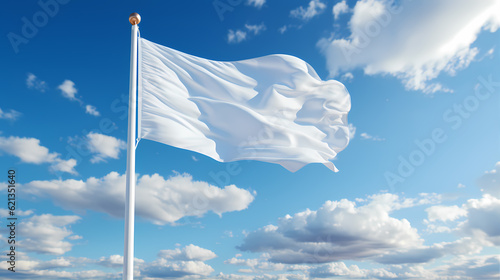 Empty white clear flag waving against clean blue sky, close up, isolated. Mock up template.