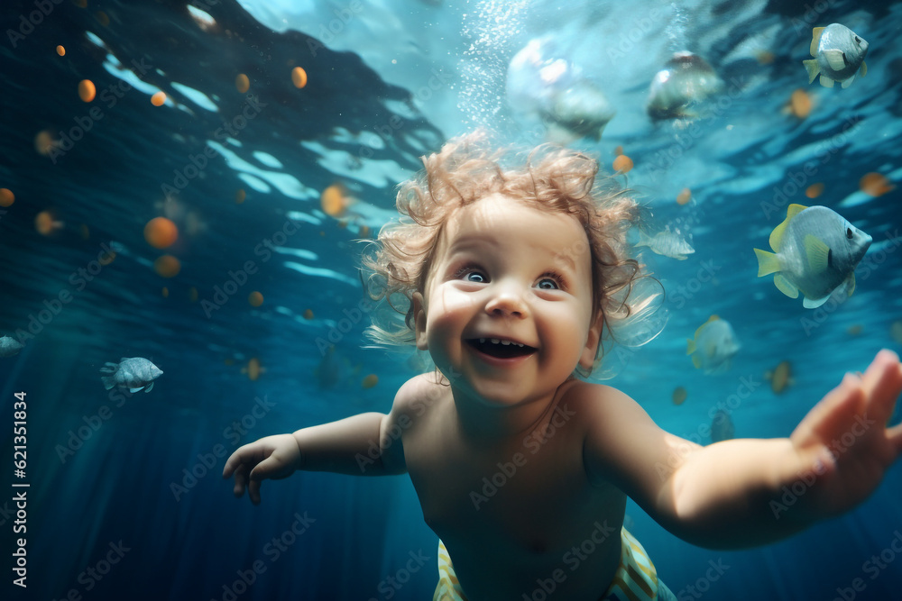 Adorable baby swiming underwater. Diving toddler. High quality photo