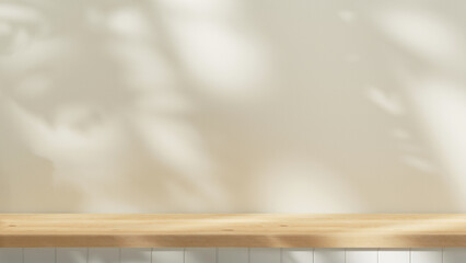 Empty wooden countertop mock up to present product and for text design. background summer mock up with tree and leafs shadows and sunlight from window. cozy wooden table and pastel plaster wall.