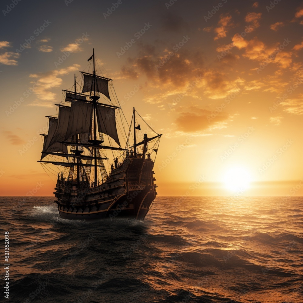 Beautiful ancient sailing ship sunset ocean wallpaper AI Generated art