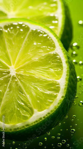 Extreme close up of a lime slices in water splashes. Sliced lime isolated on green background with water drops. Vertical illustration of juicy lime with water splash, fruit background. AI generated