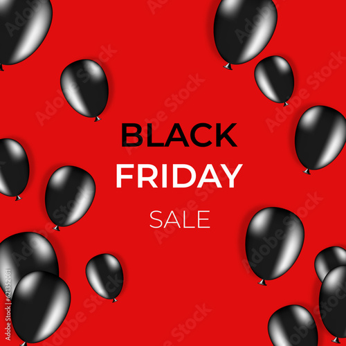 Black Friday Sale banner with black balloons red background. Black Friday Sale poster
