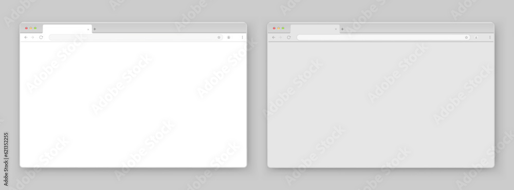 A set of browser window in white and gray on a gray background. Website layout with search bar, toolbar and buttons. Vector illustration. A set of browser window in white and gray on a gray background. Website layout with search bar, toolbar and buttons. Vector illustration.