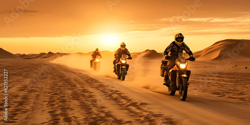A swarm of motorcycles speeding through a desert landscape, kicking up clouds of dust, creating a thrilling and adventurous atmosphere