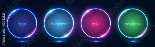 Neon frames with shining effects, highlights on a dark background. A set of round futuristic modern neon glowing banners. Vector illustration.
