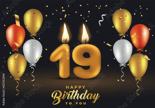 19th birthday celebration template with balloons and 3d number candle