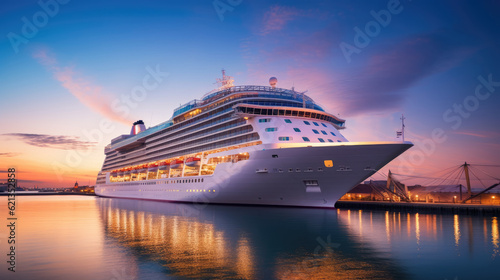 A large, white cruise ship stands near the pier at sunset, side view. Summer vacation, travel, adventure, hot tour.
