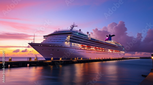 A large, white cruise ship stands near the pier at sunset, side view. Summer vacation, travel, adventure, hot tour.