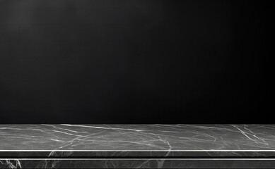 Empty table marble black countertop on black wall background. High quality photo