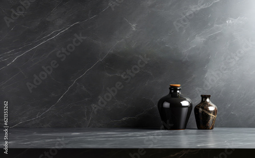 Black ceramic vase table against black marble background with copy space High quality photo