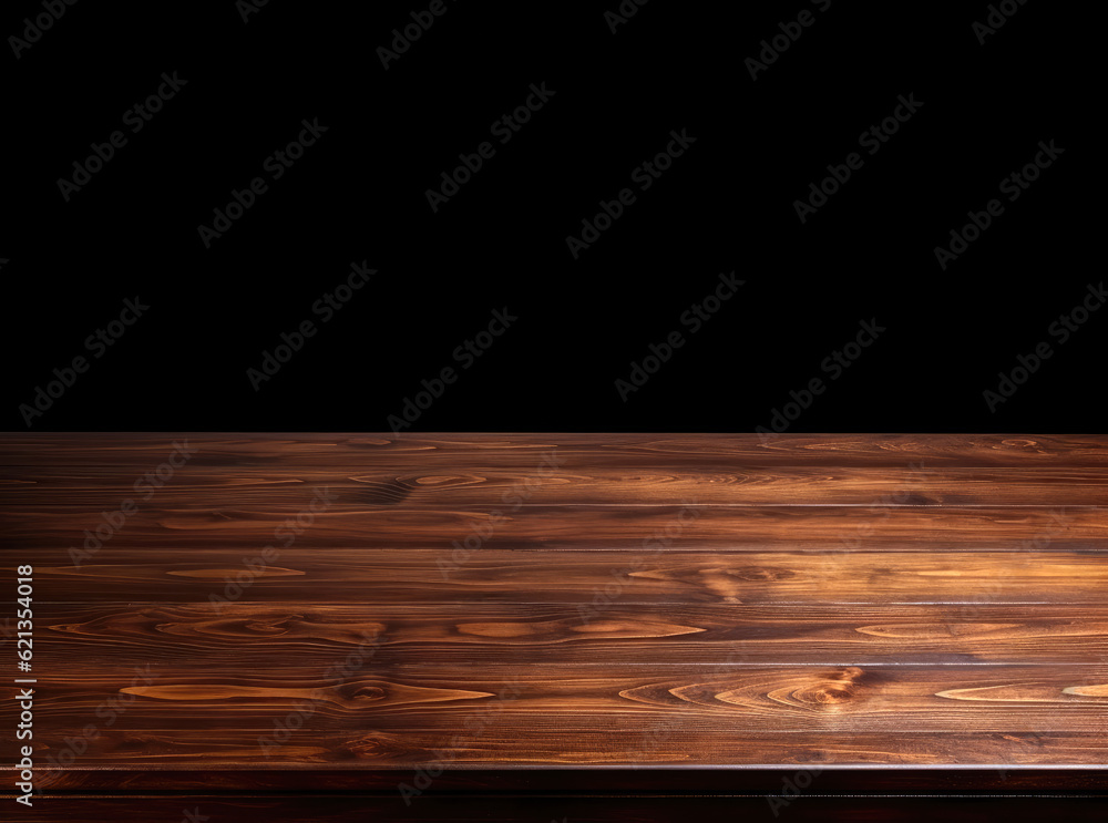 Wooden table top isolated on black background. Empty space for product display High quality photo