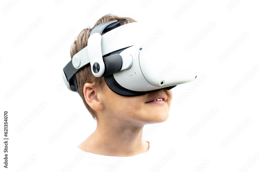 Child playing with VR headset, photo on white background, space for text. Child playing with VR headset, photo on white background, space for text.
