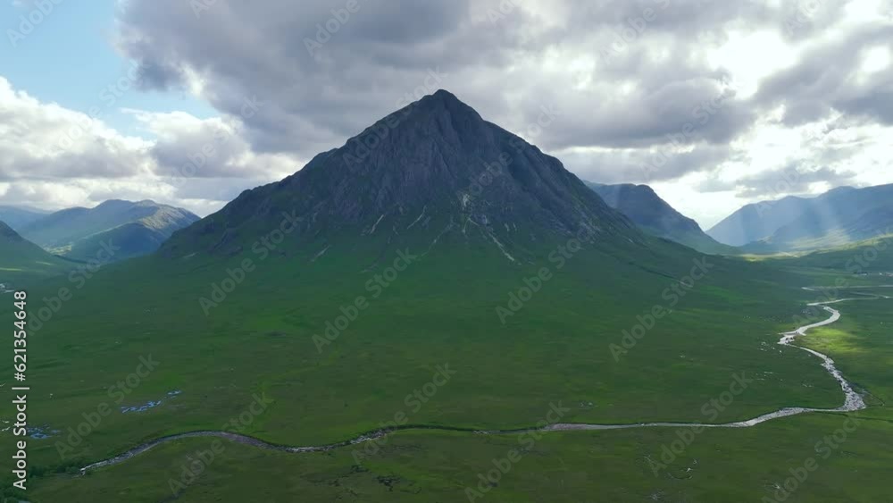 Mountains over Glen Etive and River Etive from a drone, Highlands, Scotland, UK Mountains over Glen Etive and River Etive from a drone, Highlands, Scotland, UK