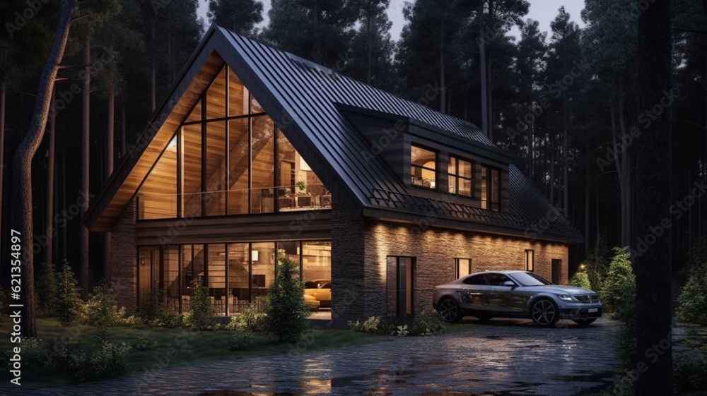 Fototapeta premium Exterior modern luxury beautiful two-story coin cottage Ai generated art