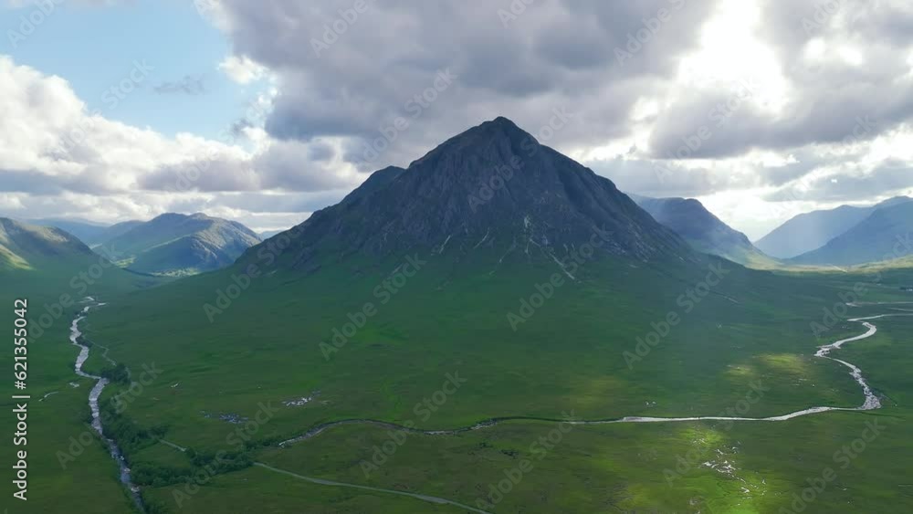 Mountains over Glen Etive and River Etive from a drone, Highlands, Scotland, UK Mountains over Glen Etive and River Etive from a drone, Highlands, Scotland, UK
