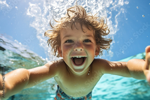 Happy kid swimming underwater and having fun. Happy childhood and summer vacation. High quality photo © Starmarpro