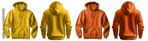 2 Set of yellow orange front and back view tee hoodie hoody sweatshirt on transparent background cutout, PNG file. Mockup template for artwork graphic design 