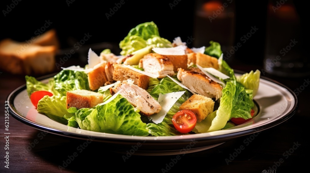 Caesar salad with chicken and croutons on a wooden table Caesar salad with chicken and croutons on a wooden table