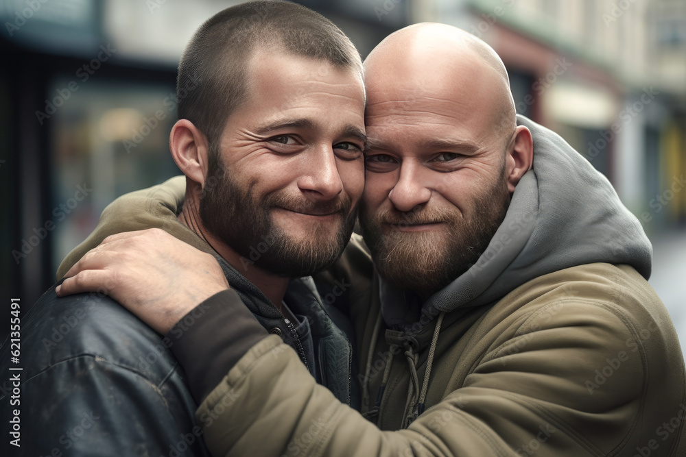 Portrait of happy biracial male couple embracing and holding lgbt flag together. Generative AI