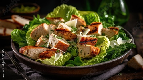 Caesar salad with grilled chicken and parmesan cheese on wooden background