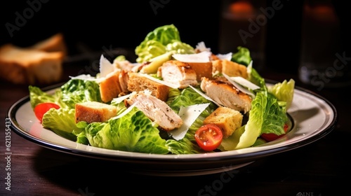 Caesar salad with chicken and croutons on a wooden table