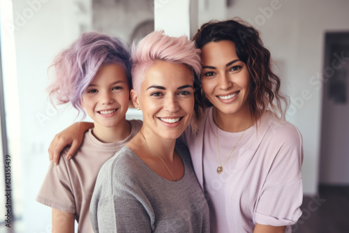 Two beautiful women in casual clothes are hugging their growing daughter in the apartment. concept of lgbt families. lesbian marriages and adoptions, homosexuals are lesbian couples. Generative AI