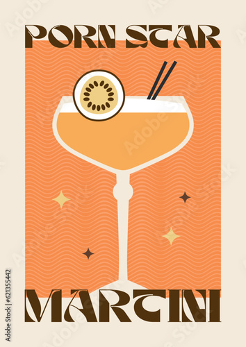 Poster drink. Cocktail art. Porn star Martini . Retro posters with alcohol cocktails. 90s 80s 70s groovy posters. Modern trendy print. Drink with fruit and ice.