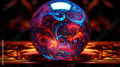 Crystal ball containing blue and red fractals