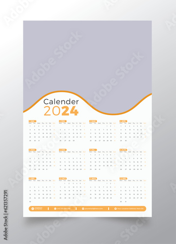 Wall Calendar 2024 - One Page Calendar - Single Page Calendar - 12 months Calendar