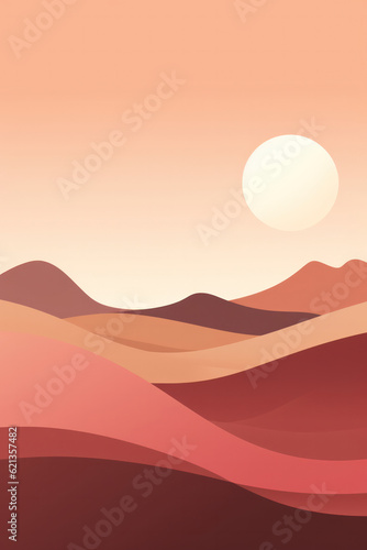 Trendy minimalist abstract landscape illustration. Flat scenery postcard, nordic scandinavian design. Abstract mountain, desert, skyline, wave, sun. High quality illustration. Generative AI
