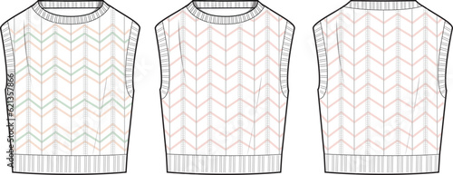 Women's Chevron Stitch Detail, Crop Vest- Technical fashion illustration. Front and back, white colour. Unisex CAD mock-up.