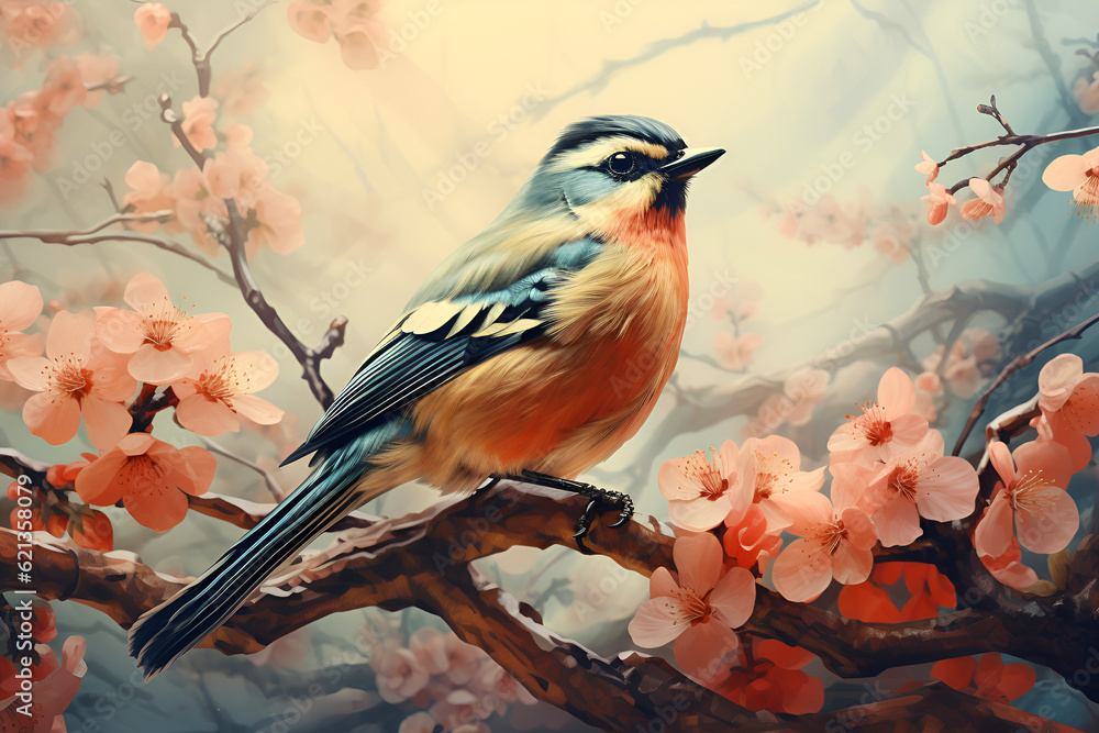bird on a branch with flowers. Generative AI.