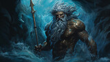 Poseidon God of Sea and Water figure character. Ancient greek god. Mythology. Colorful painting illustration