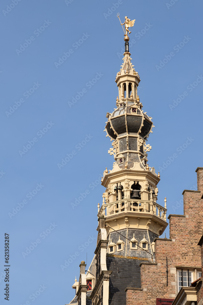 Octagonal tower with Neptune on the former town hall of the Dutch port city of Zierikzee in Zeeland.