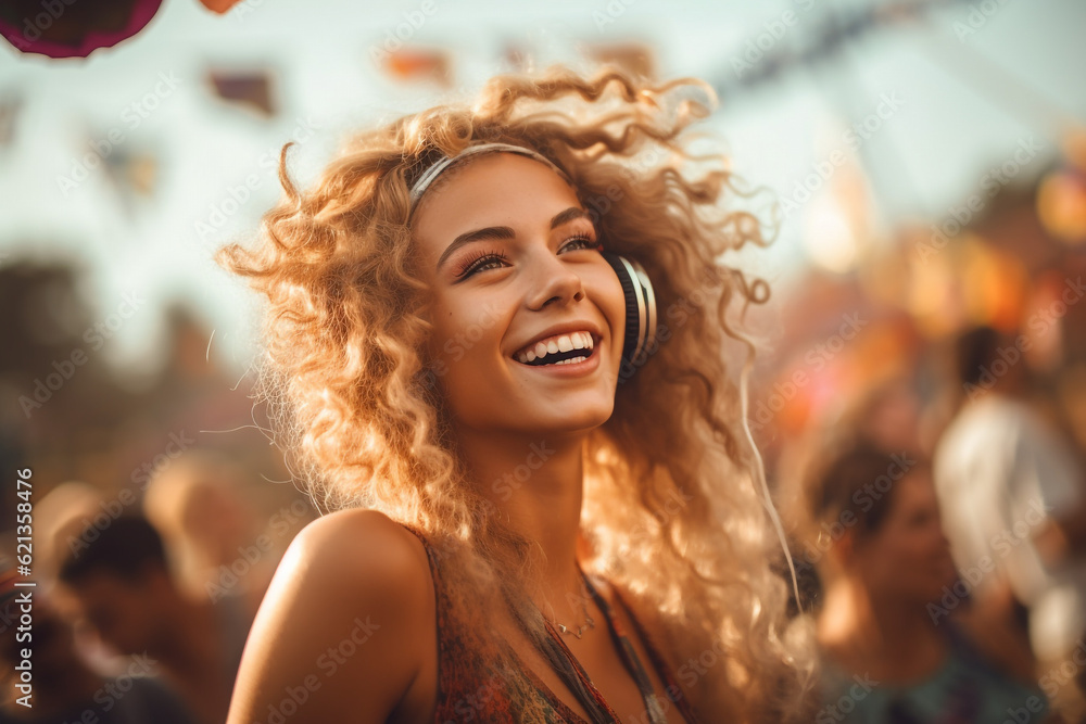 Portrait of a happy young blonde woman having fun on a music festival. High quality photo