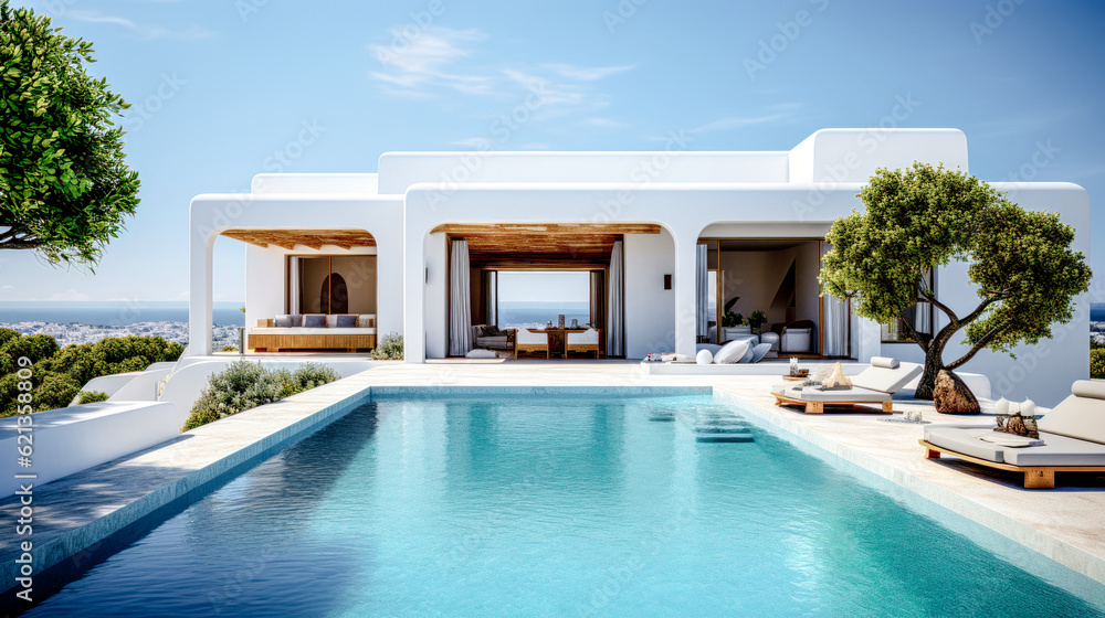 House Villa with Pool in Mediterranean Style in the South of Europe Wallpaper Background Brainstorming Generative AI Digital Art Illustration