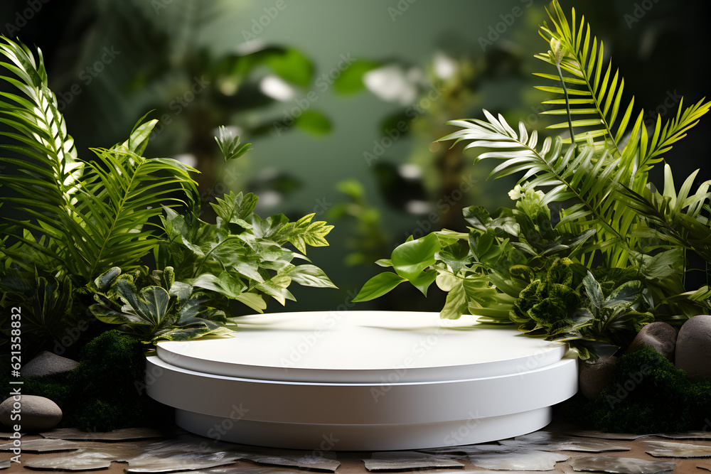 3d render of white podium for product display with green plants 3d render of white podium for product display with green plants