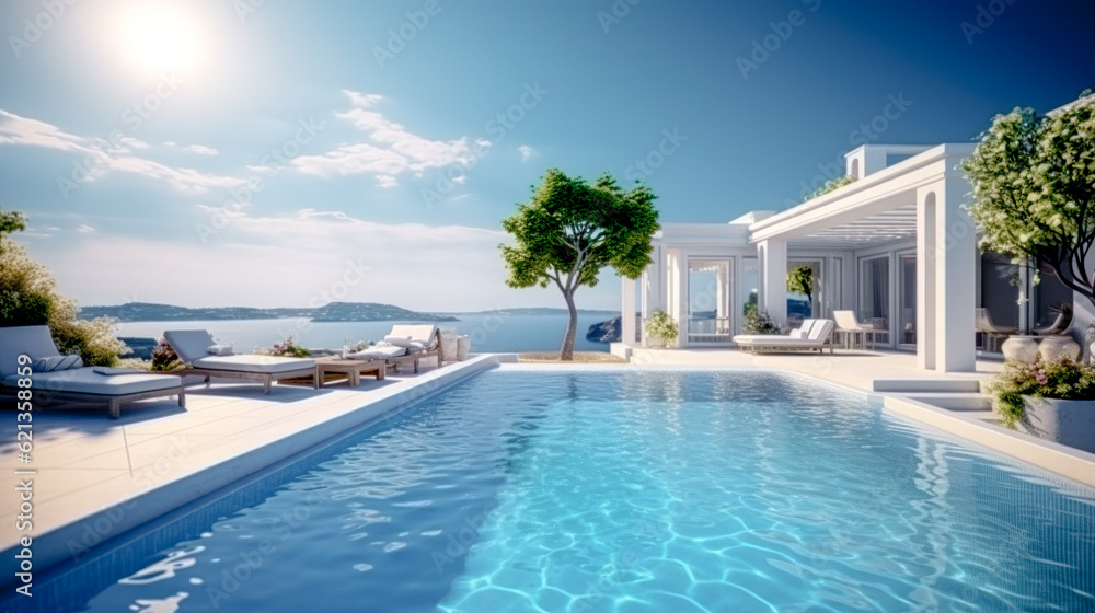 House Villa with Pool in Mediterranean Style in the South of Europe Wallpaper Background Brainstorming Generative AI Digital Art Illustration