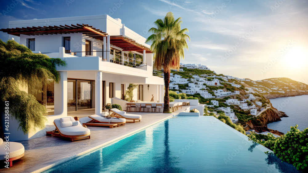 Fototapeta premium House Villa with Pool in Mediterranean Style in the South of Europe Wallpaper Background Brainstorming Generative AI Digital Art Illustration