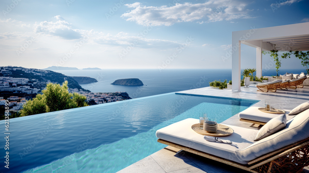 Fototapeta premium House Villa with Pool in Mediterranean Style in the South of Europe Wallpaper Background Brainstorming Generative AI Digital Art Illustration