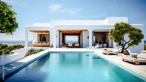 House Villa with Pool in Mediterranean Style in the South of Europe Wallpaper Background Brainstorming Generative AI Digital Art Illustration © Korea Saii