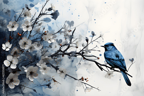 A watercolor painting of a blue bird on a branch with white flowers. Generative AI