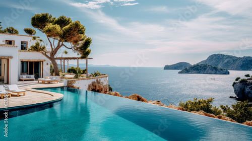 House Villa with Pool in Mediterranean Style in the South of Europe Wallpaper Background Brainstorming Generative AI Digital Art Illustration