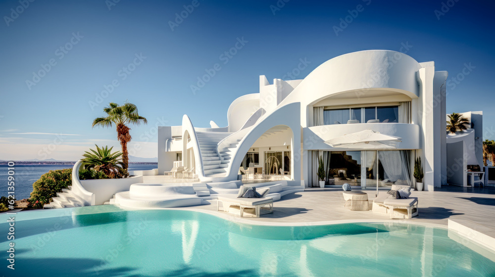 Fototapeta premium House Villa with Pool in Mediterranean Style in the South of Europe Wallpaper Background Brainstorming Generative AI Digital Art Illustration
