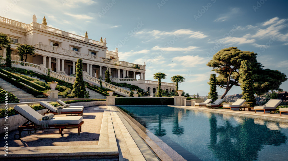 Fototapeta premium House Villa with Pool in Mediterranean Style in the South of Europe Wallpaper Background Brainstorming Generative AI Digital Art Illustration